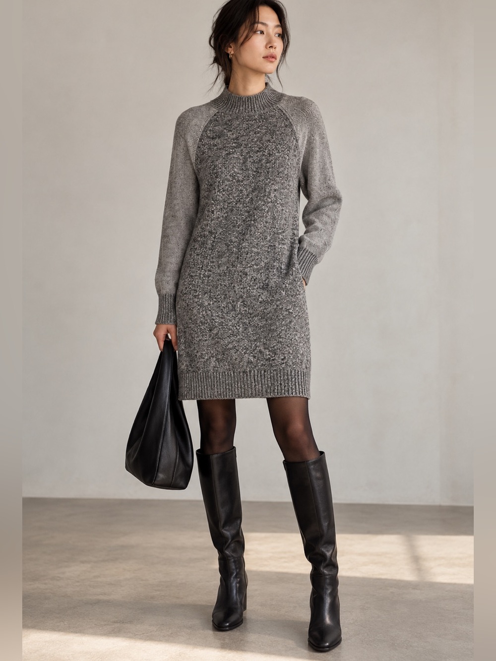 Cambridge Dry Goods Wool Blend Marled Grey Sweater Dress Large Mock Neck Raglan